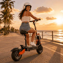 Femme roulant sur la trottinette électrique BOYUEDA M2 au bord de la mer