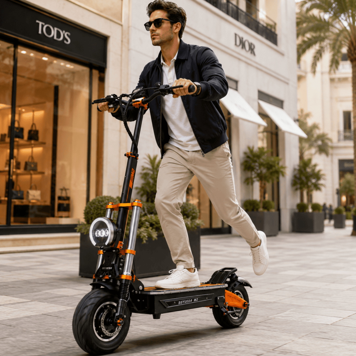 Homme roulant sur la trottinette électrique BOYUEDA M2 dans une rue