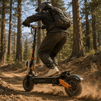 Pilote sur la trottinette électrique BOYUEDA M2 en tout-terrain en forêt