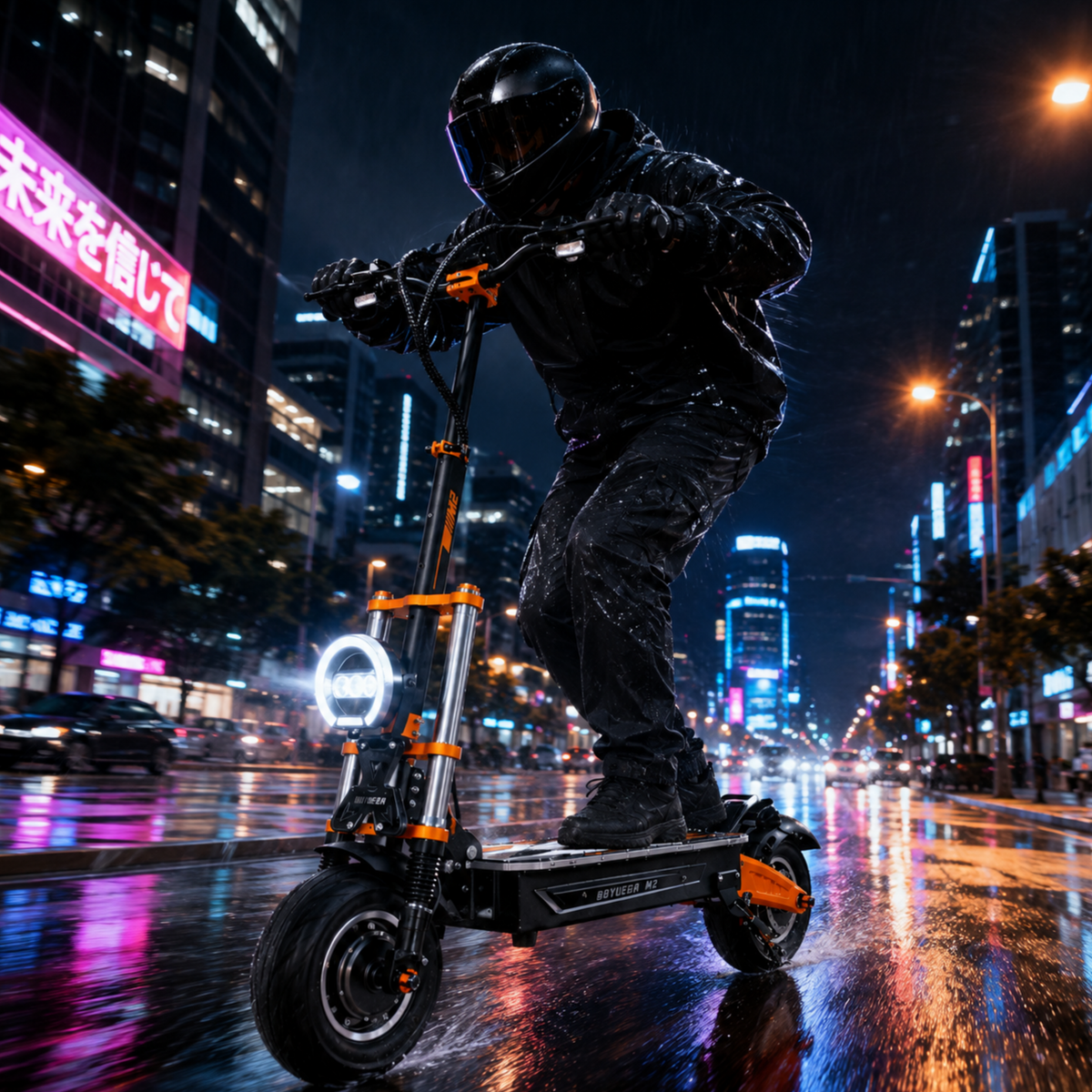 Homme roulant sur la trottinette électrique BOYUEDA M2 dans une ambiance nocturne