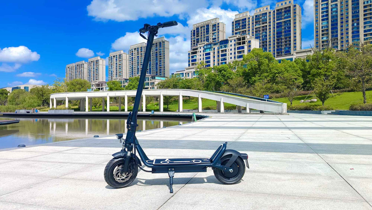 Trottinette électrique DriveTron DT01 vue de profil au bord d'un lac