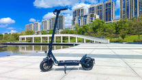 Trottinette électrique DriveTron DT01 vue de profil au bord d'un lac