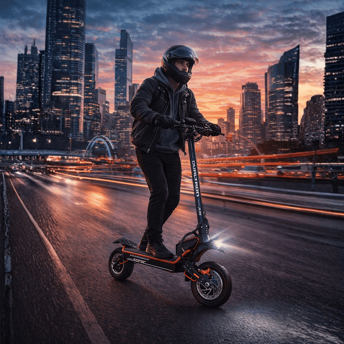 Homme roulant sur la trottinette électrique DUALTRON Alien au coucher du soleil