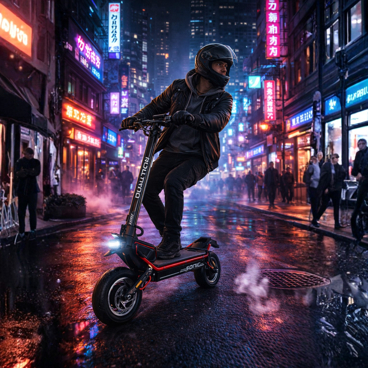 Homme roulant sur la trottinette électrique DUALTRON Alien dans une ambiance nocturne