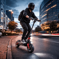Homme roulant sur la trottinette électrique DUALTRON New Achilleus en ville au coucher du soleil