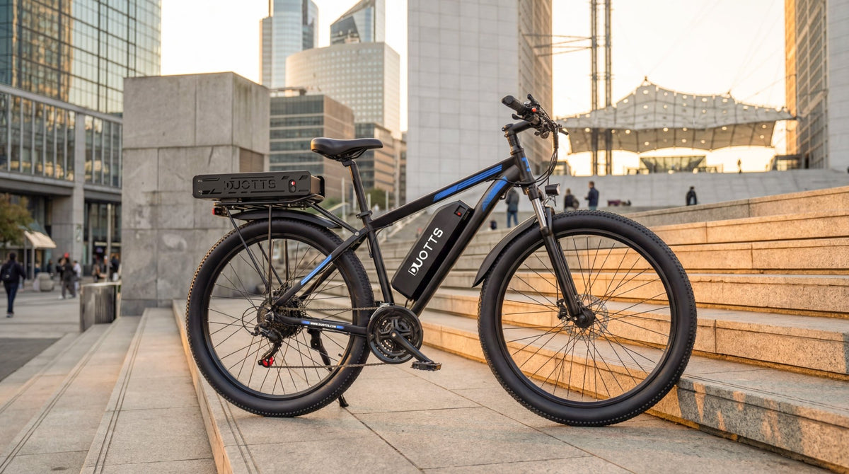 Vélo électrique Duotts C29-K vu de trois-quarts avant sur une allée