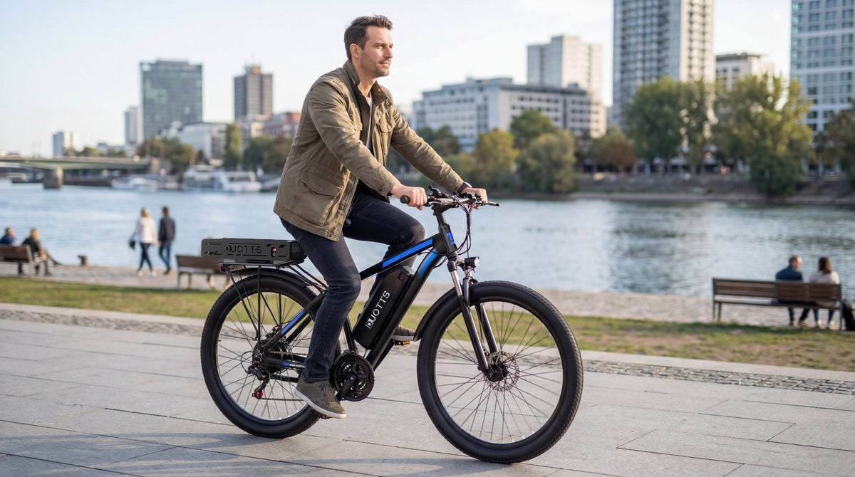 Homme roulant sur le vélo électrique Duotts C29-K sur une allée