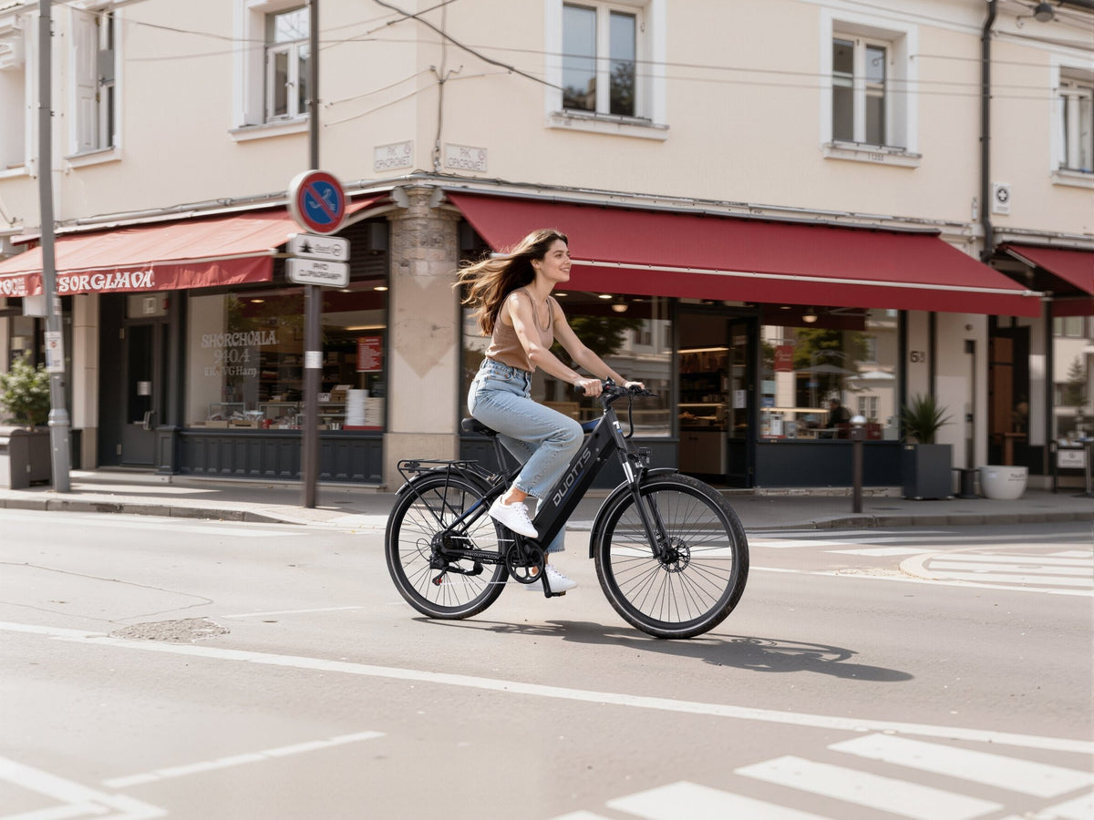 Femme roulant sur le vélo électrique Duotts C29 Max sur la route
