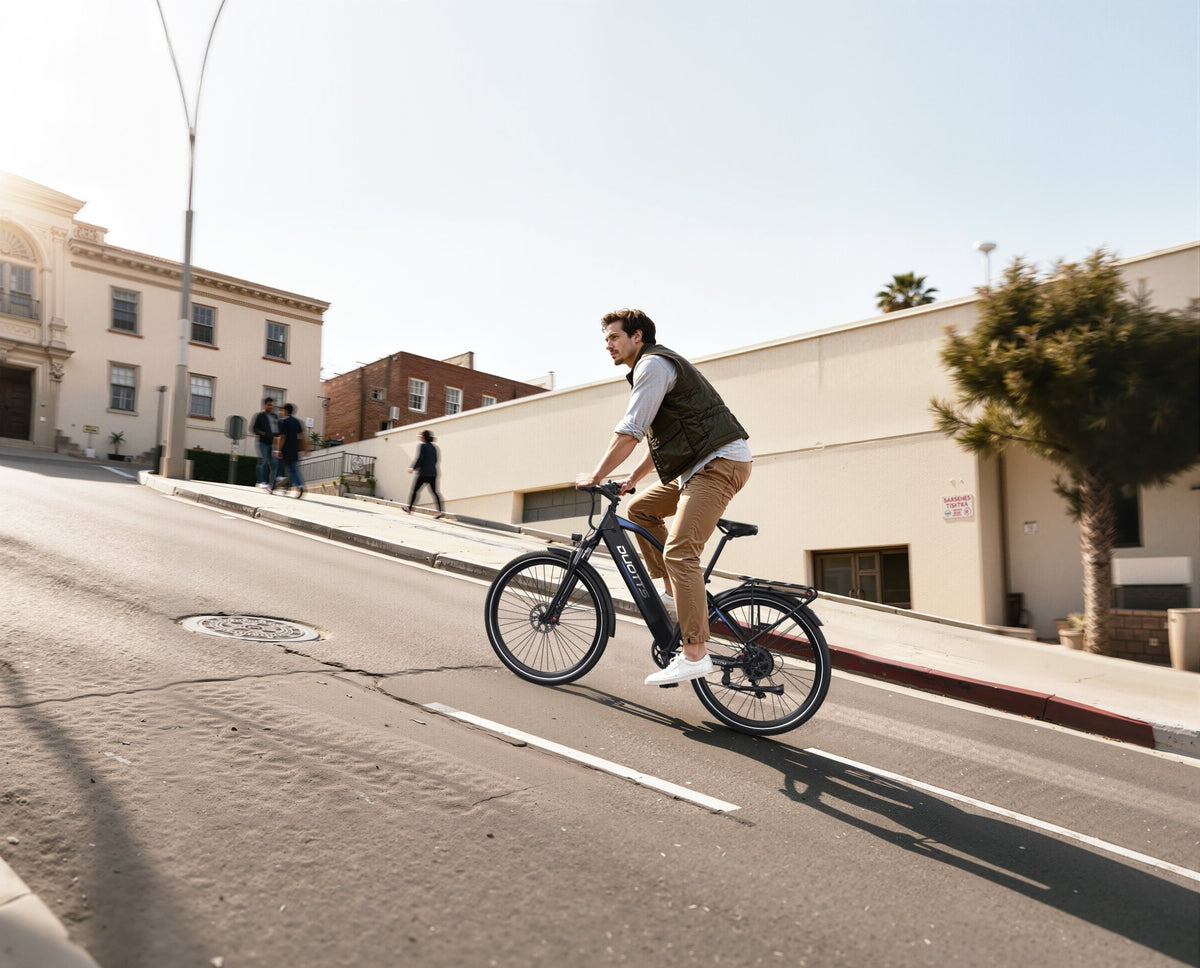 Homme roulant sur le vélo électrique Duotts C29 Max sur la route