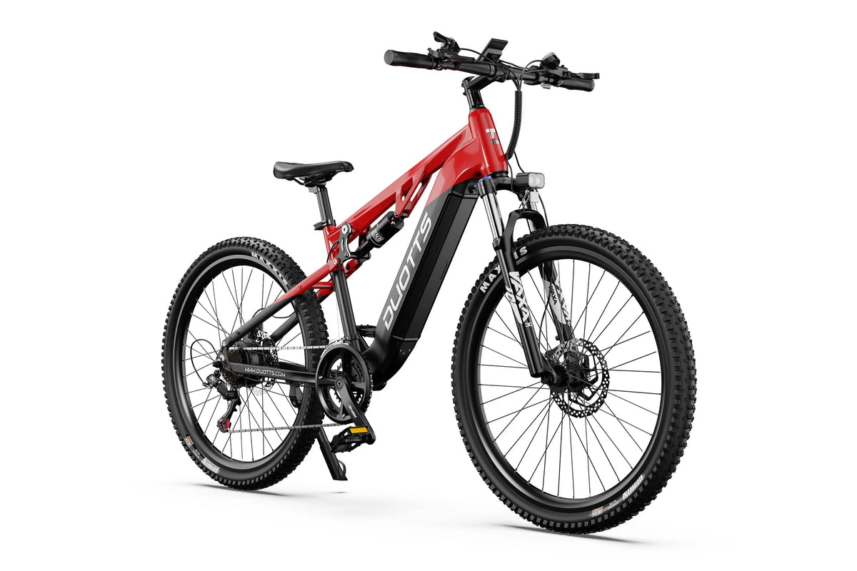VTT électrique Duotts E29 vu de trois-quarts avant coloris rouge