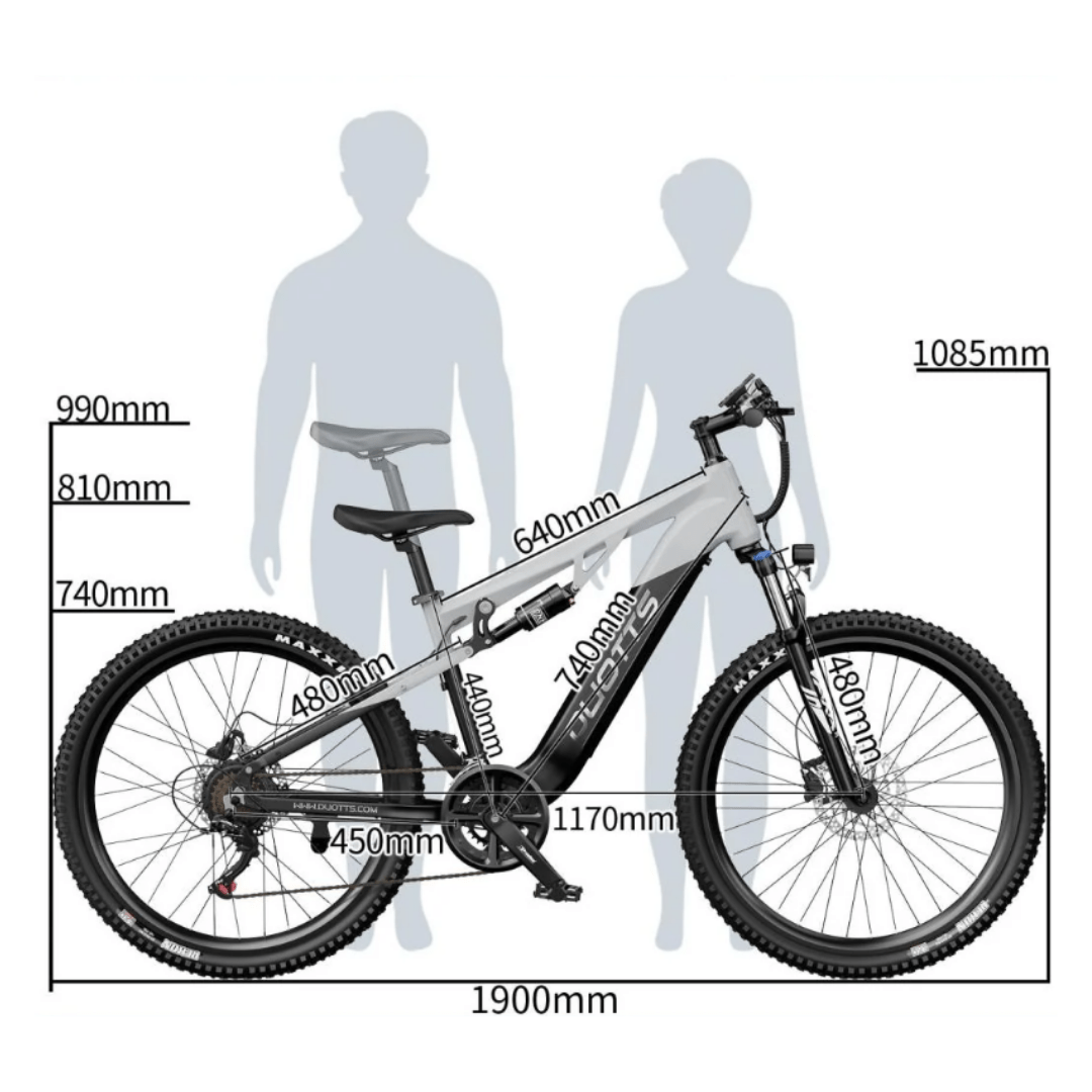 Schéma des dimensions du VTT électrique Duotts E29