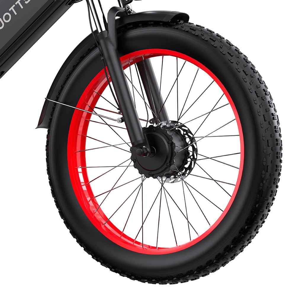 Gros plan sur le pneu du Duotts N26 coloris rouge
