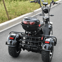 Tricycle électrique eHoodax 05WQ vu de trois-quarts arrière sur la route