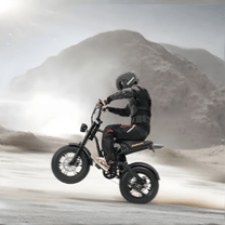 Homme roulant sur le vélo électrique fat bike Hidoes B6 Mini sur un terrain sablonneux