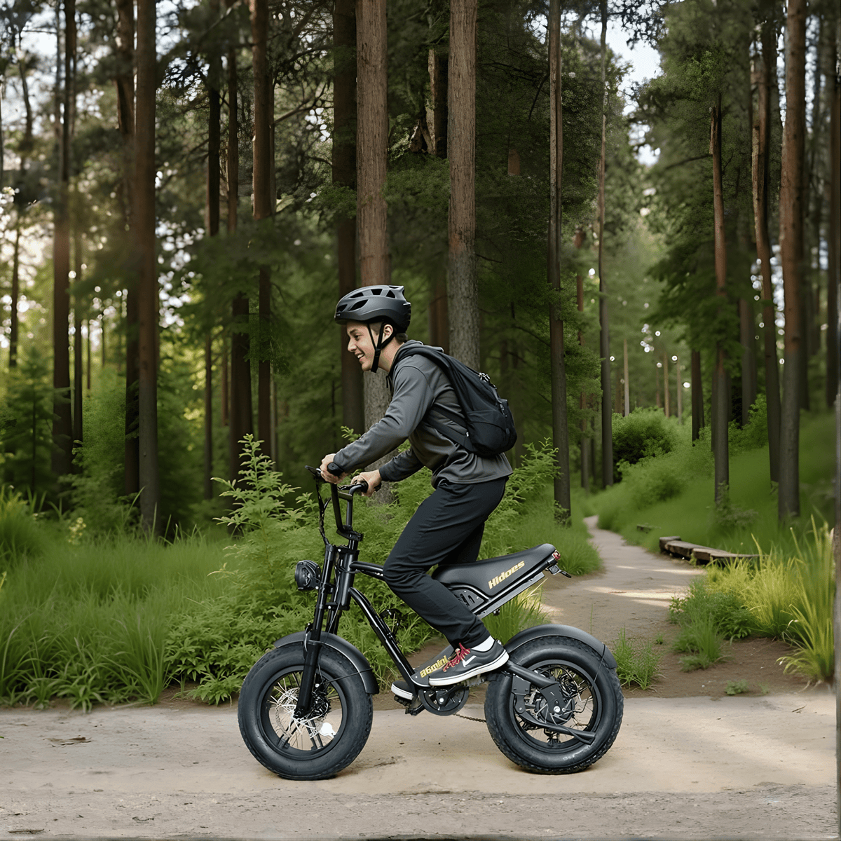 Homme roulant sur le vélo électrique fat bike Hidoes B6 Mini en forêt