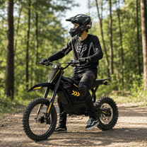Personne debout avec la moto-cross électrique Hidoes G2 en forêt