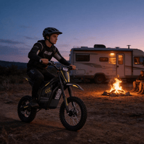 Personne debout avec la moto-cross électrique Hidoes G2 dans une ambiance nocturne