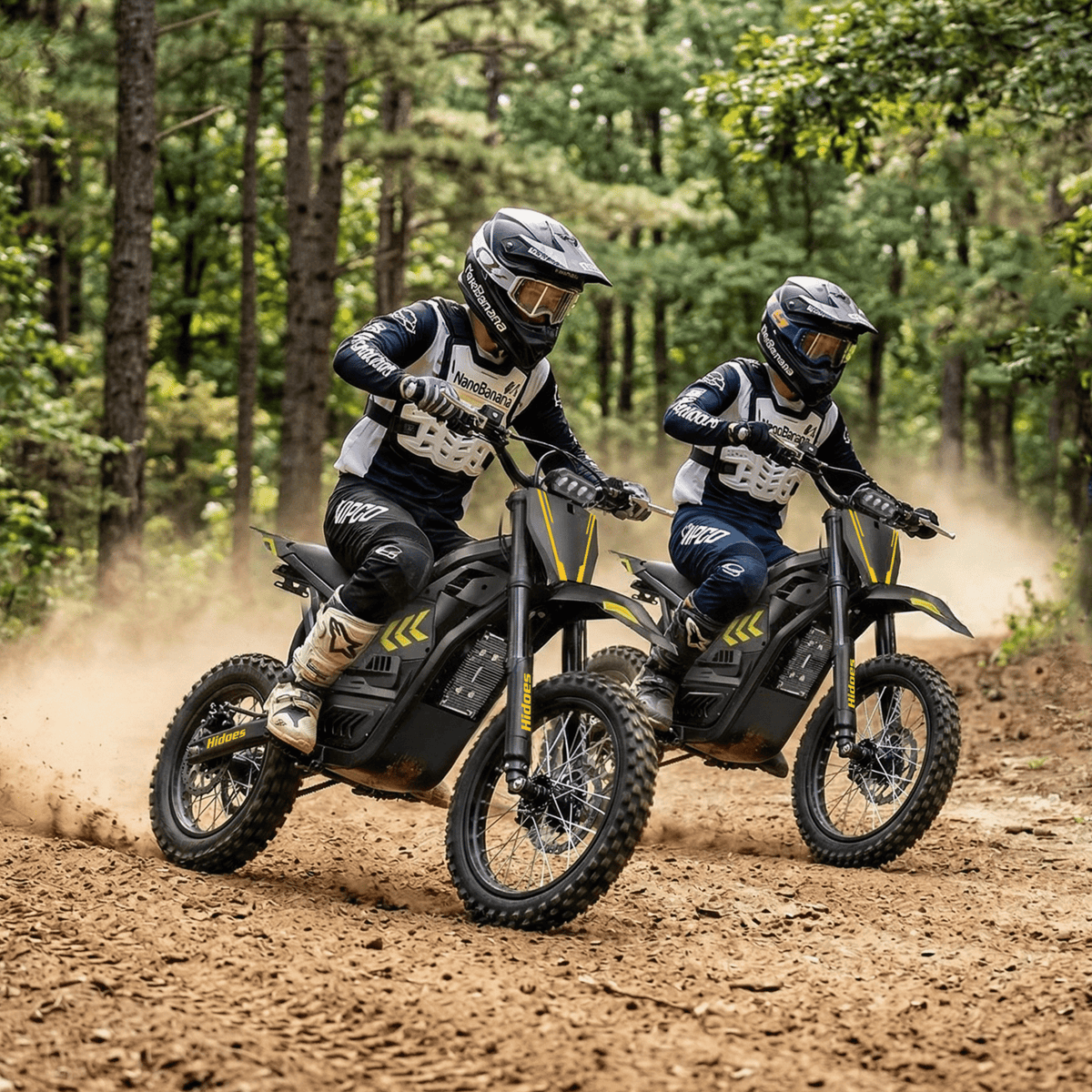 Pilote sur la moto-cross électrique Hidoes G2 en tout-terrain en forêt