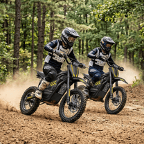 Pilote sur la moto-cross électrique Hidoes G2 en tout-terrain en forêt