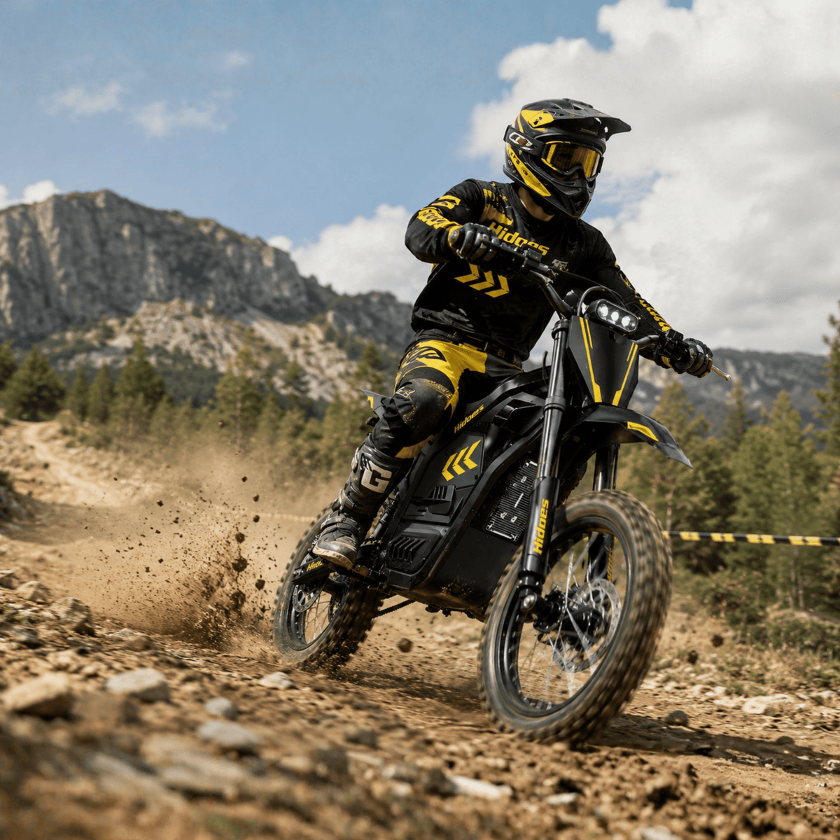 Pilote sur la moto-cross électrique Hidoes G2 en tout-terrain sur un terrain sablonneux