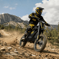 Pilote sur la moto-cross électrique Hidoes G2 en tout-terrain sur un terrain sablonneux