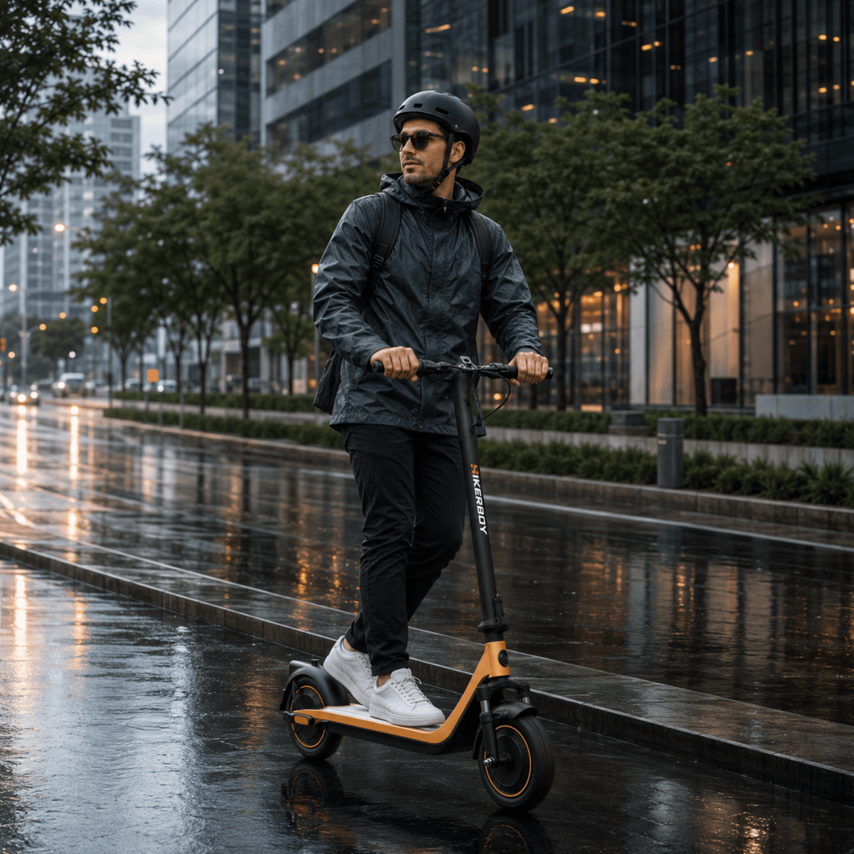 Homme roulant sur la trottinette électrique HIKERBOY CURTIS DUAL PRO au bord d'un lac