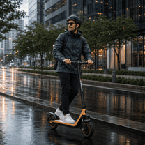 Homme roulant sur la trottinette électrique HIKERBOY CURTIS DUAL PRO au bord d'un lac