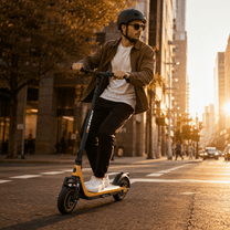 Homme roulant sur la trottinette électrique HIKERBOY CURTIS DUAL PRO dans une rue