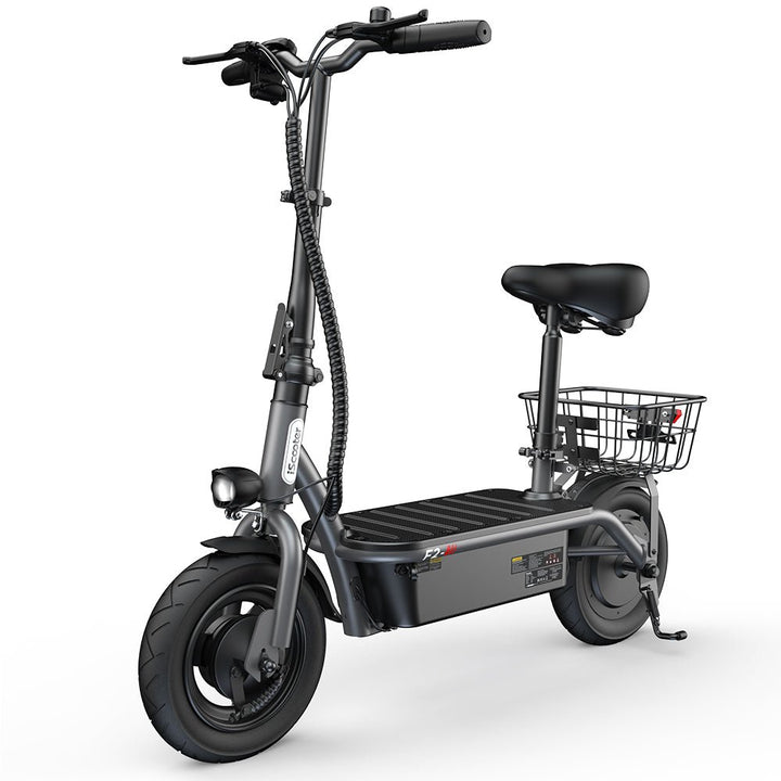 Trottinette électrique iScooter F2 vue de trois-quarts avant avec selle