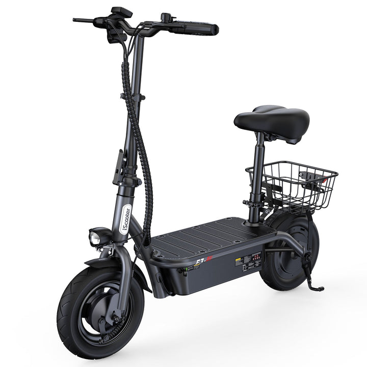 Trottinette électrique iScooter F3 vue de trois-quarts avant avec selle
