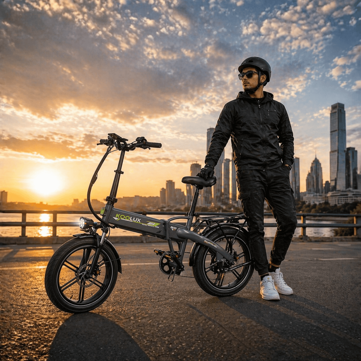 Homme debout avec le vélo électrique pliant fat bike KOOLUX RK10 en ville