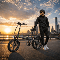 Homme debout avec le vélo électrique pliant fat bike KOOLUX RK10 en ville