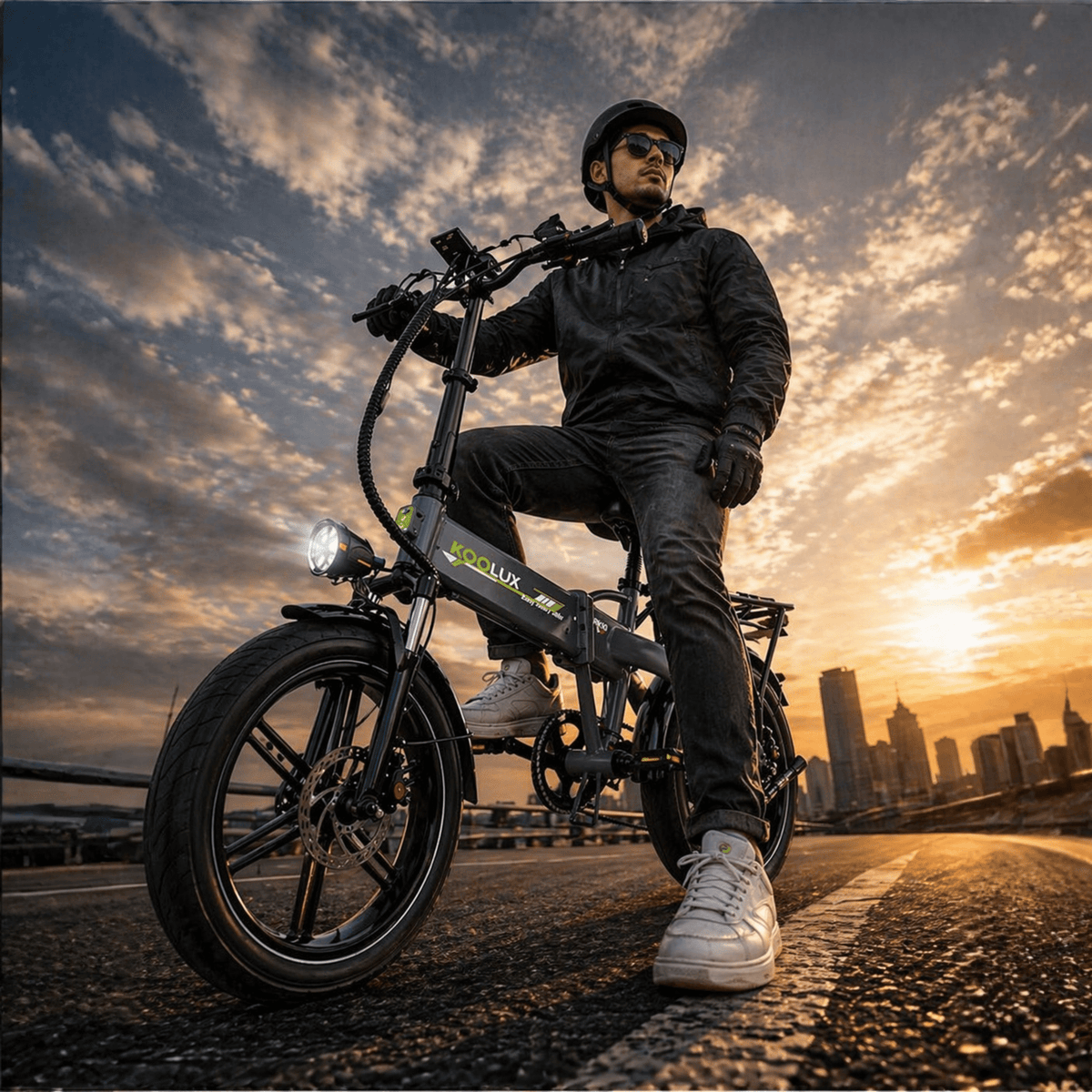 Homme roulant sur le vélo électrique pliant fat bike KOOLUX RK10 en ville