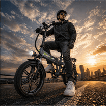 Homme roulant sur le vélo électrique pliant fat bike KOOLUX RK10 en ville