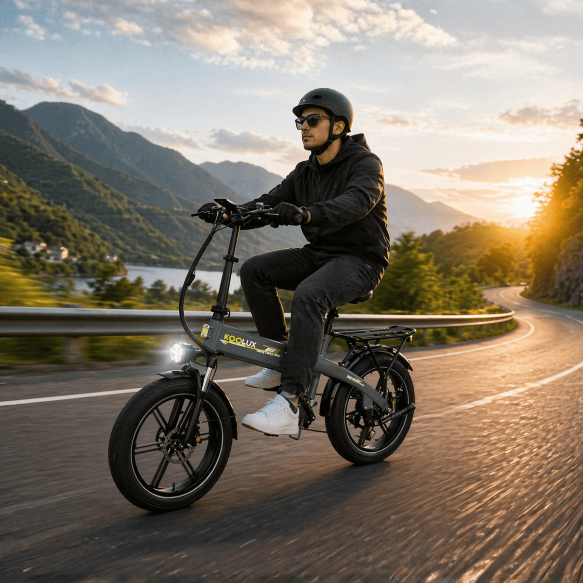 Homme roulant sur le vélo électrique pliant fat bike KOOLUX RK10 sur la route