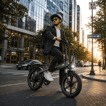 Homme roulant sur le vélo électrique pliant fat bike KOOLUX RK10 en ville au coucher du soleil