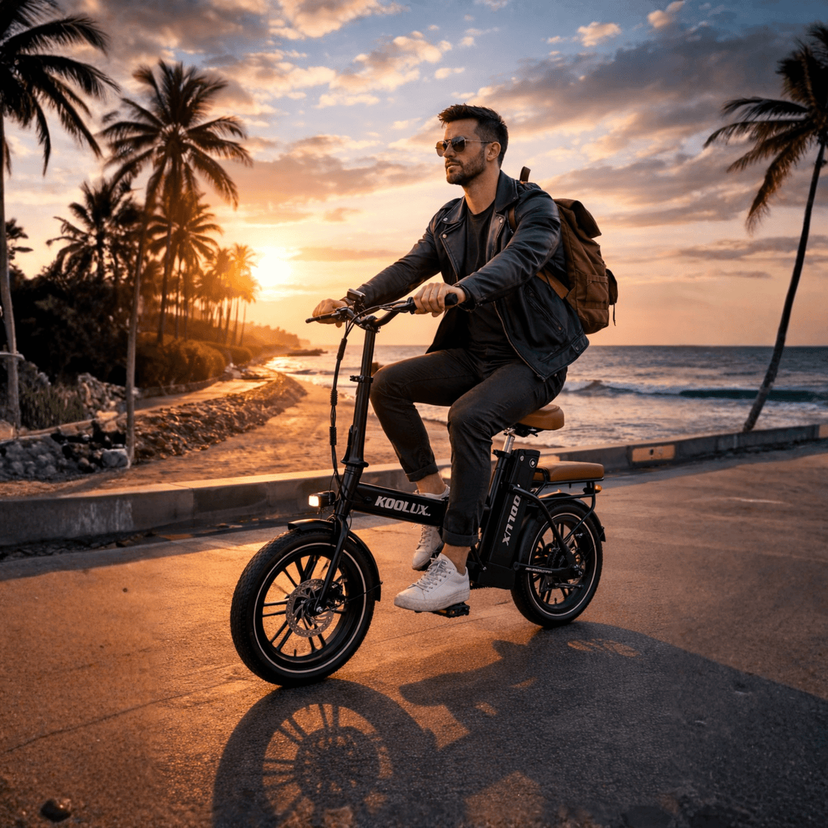 Homme roulant sur le vélo électrique pliant fat bike KOOLUX X10 au bord de la mer