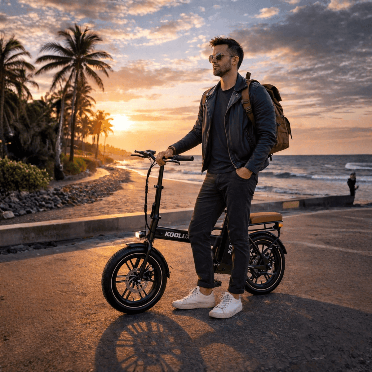 Homme debout avec le vélo électrique pliant fat bike KOOLUX X10 au bord de la mer