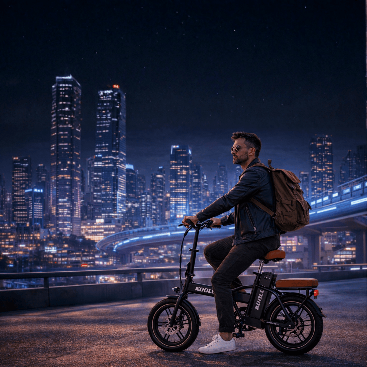 Homme roulant sur le vélo électrique pliant fat bike KOOLUX X10 dans une ambiance nocturne