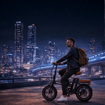 Homme roulant sur le vélo électrique pliant fat bike KOOLUX X10 dans une ambiance nocturne