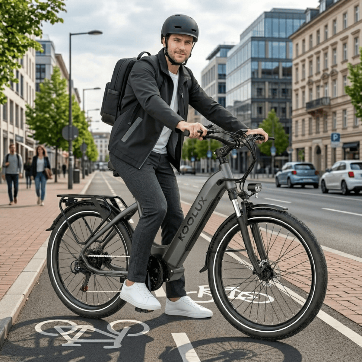 Homme debout avec le vélo électrique KOOLUX X2 en ville