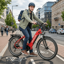 Homme roulant sur le vélo électrique KOOLUX X2 coloris rouge en ville
