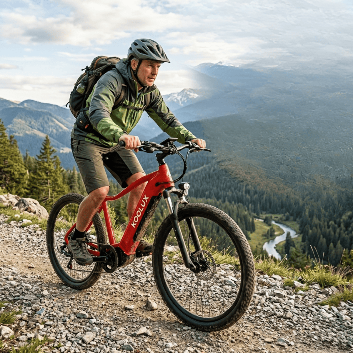 Homme roulant sur le vélo électrique KOOLUX X3 sur une allée