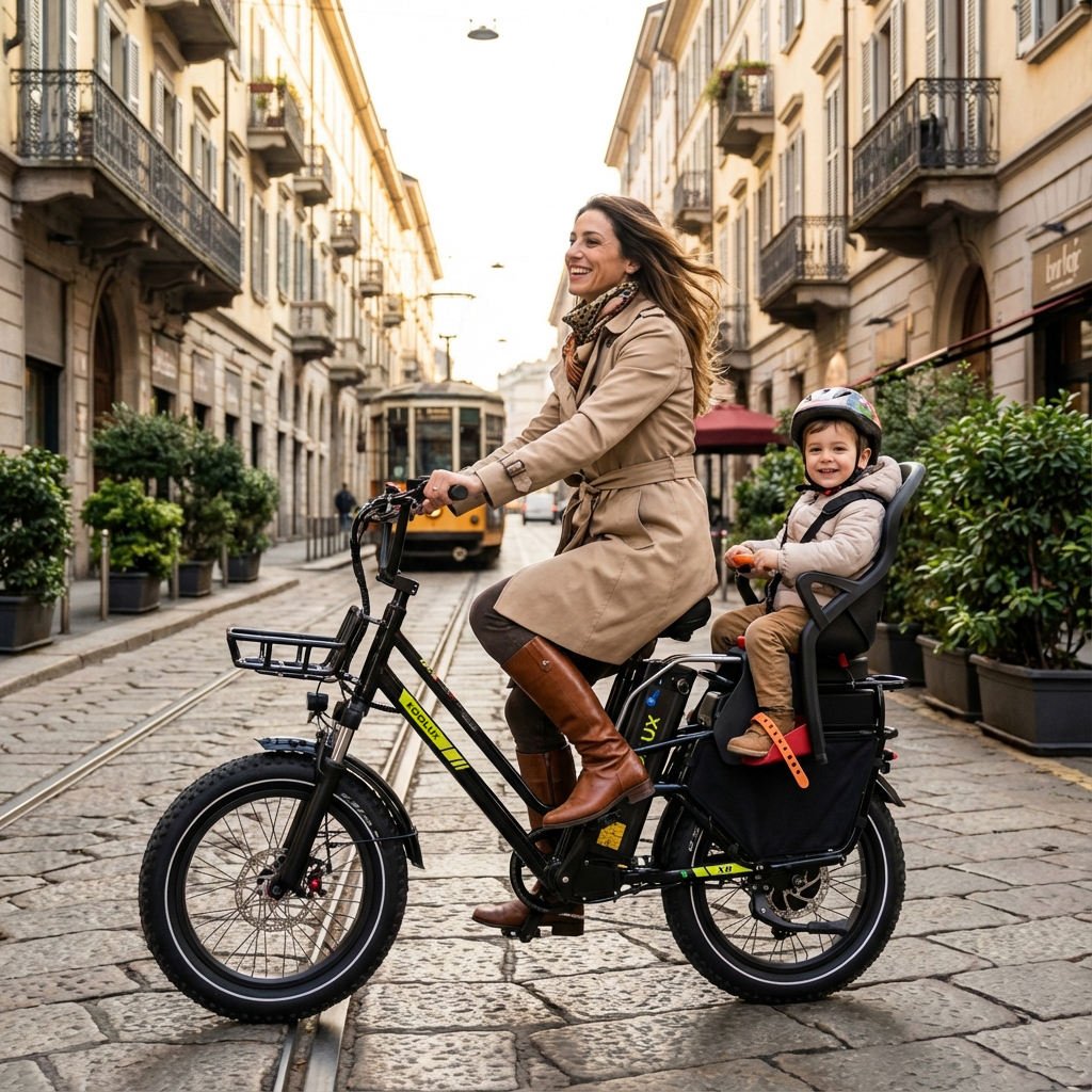 Femme roulant sur le vélo électrique fat bike KOOLUX X8 avec un enfant