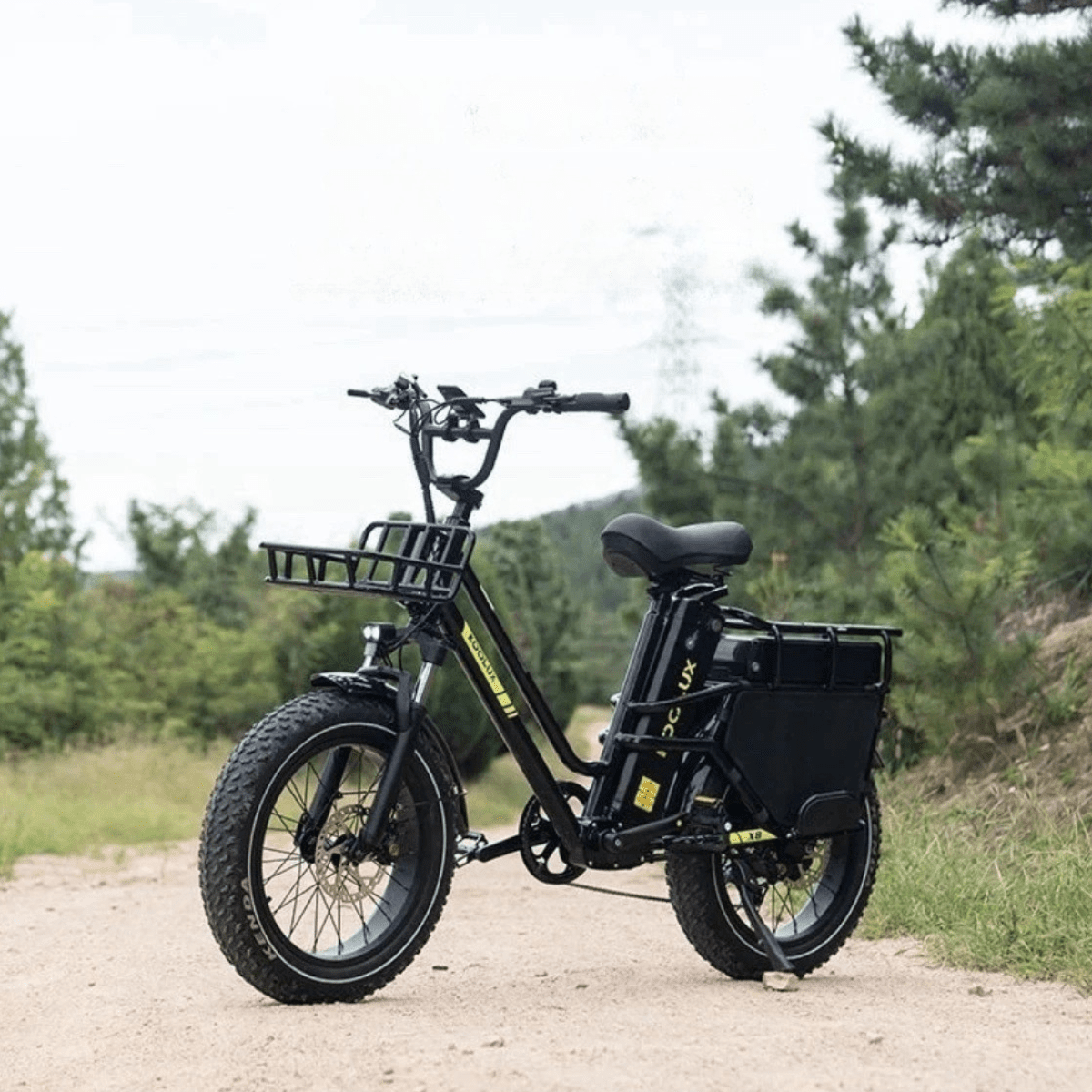 Vélo électrique fat bike KOOLUX X8 vu de trois-quarts avant sur une allée