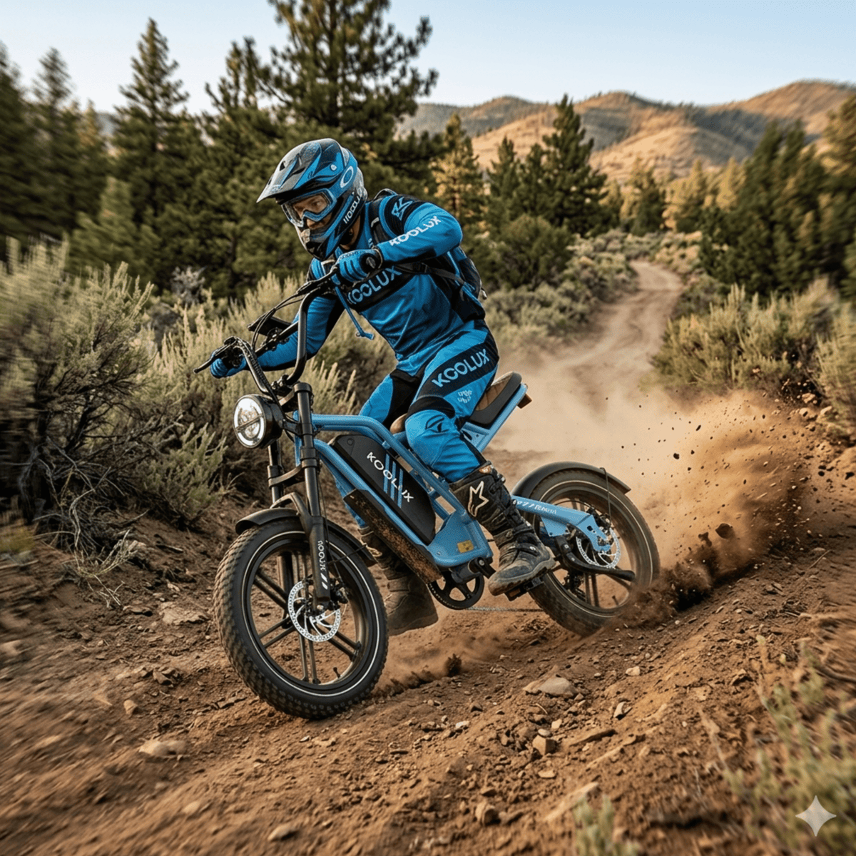 Pilote sur le vélo électrique fat bike KOOLUX X9 Mini en tout-terrain coloris bleu