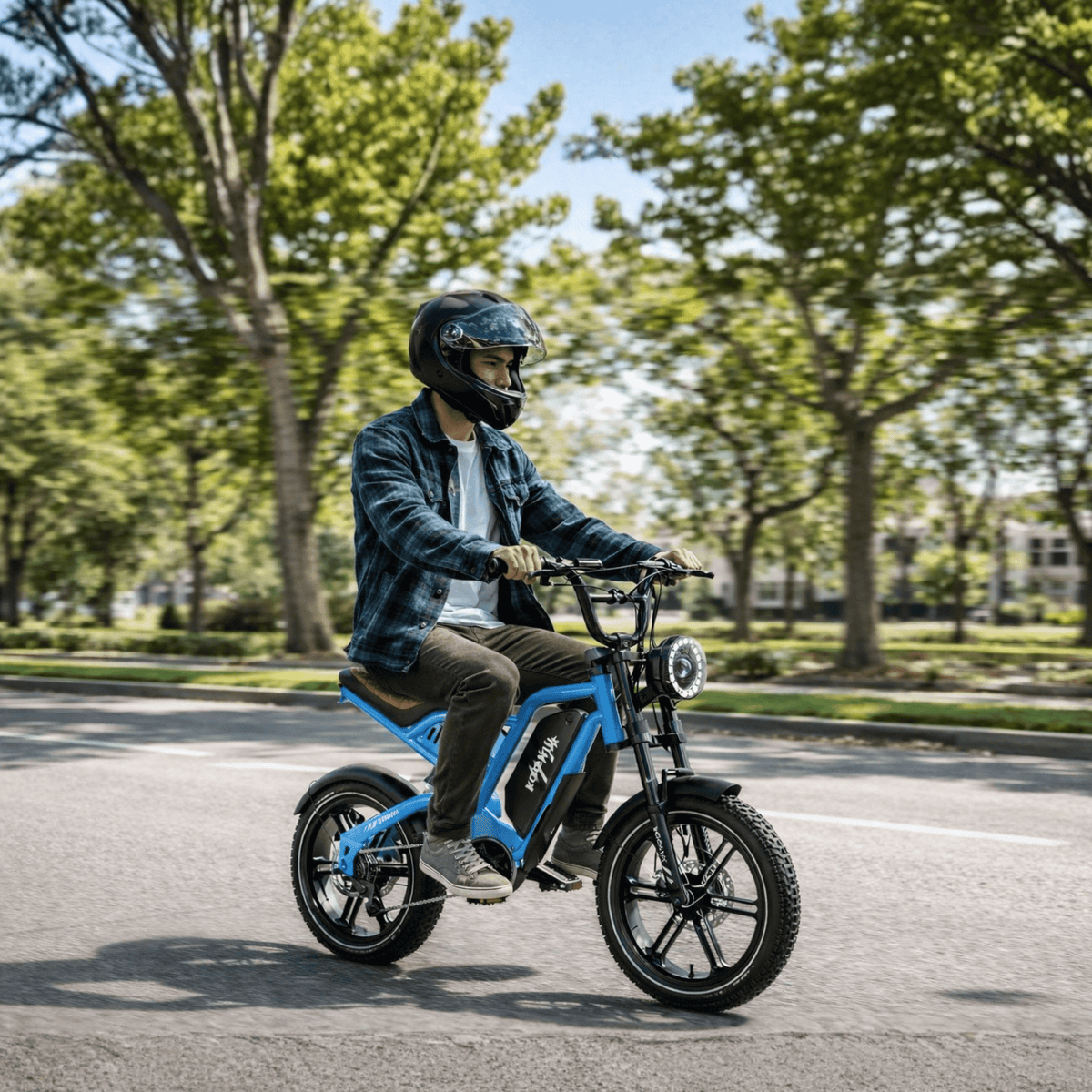Personne roulant sur le vélo électrique fat bike KOOLUX X9 Mini dans un parc