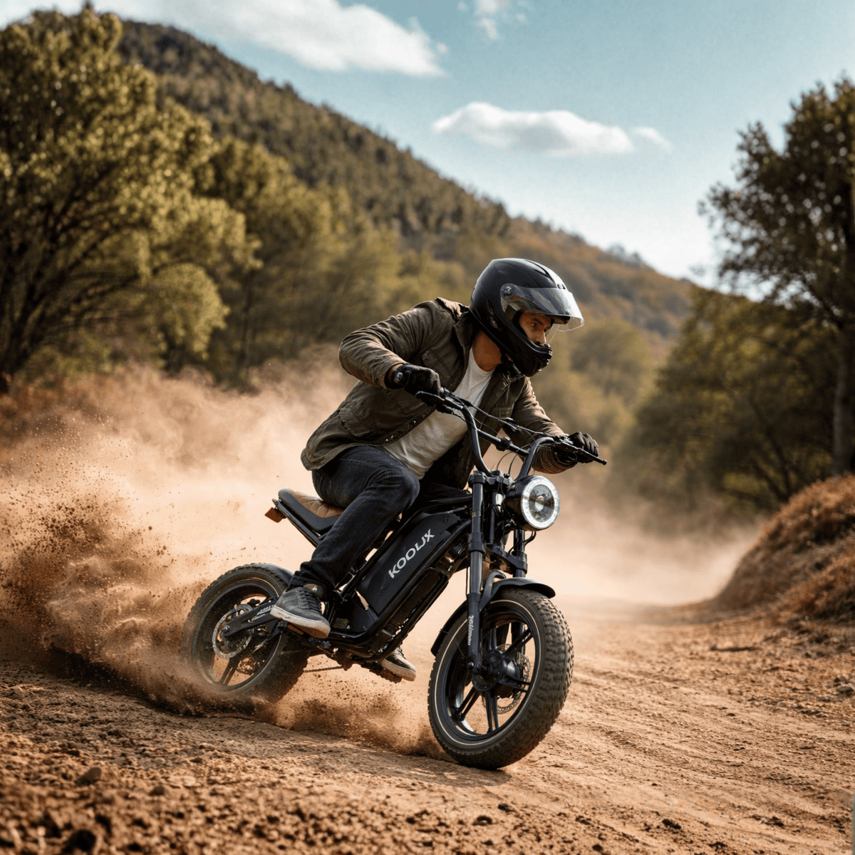 Pilote sur le vélo électrique fat bike KOOLUX X9 Mini en tout-terrain