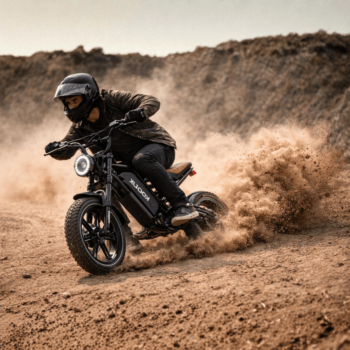Pilote sur le vélo électrique fat bike KOOLUX X9 Mini en tout-terrain