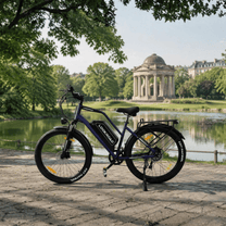 Vélo électrique fat bike LOOKROAD L28 Max vu de profil dans un parc au bord d'un lac